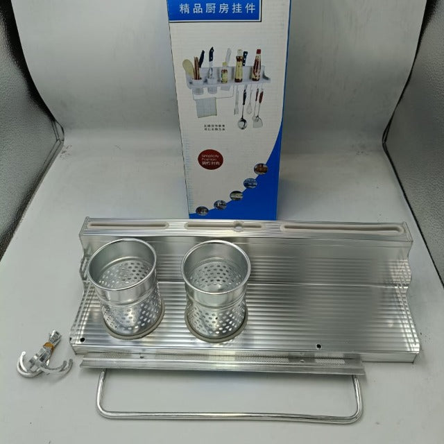 Multifunctional Kitchen Storage Stand with Jar & Knife Holder - Aluminum Wall-Mounted Organizer Rack