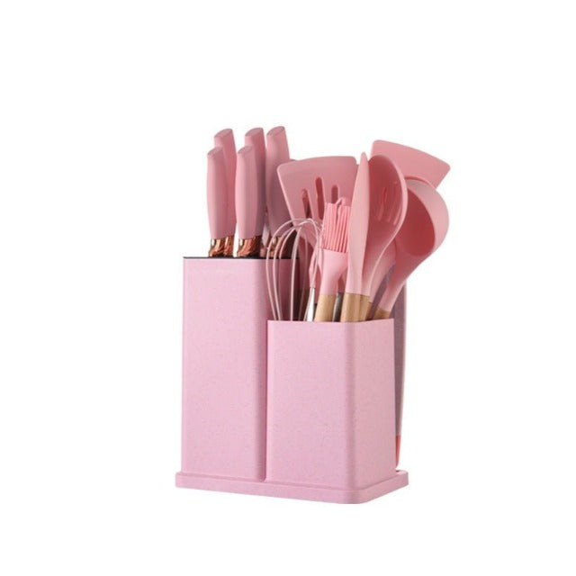 Olympia 19-Piece Pink Kitchenware Set - Complete Knife, Utensil & Cutting Board Holder Collection