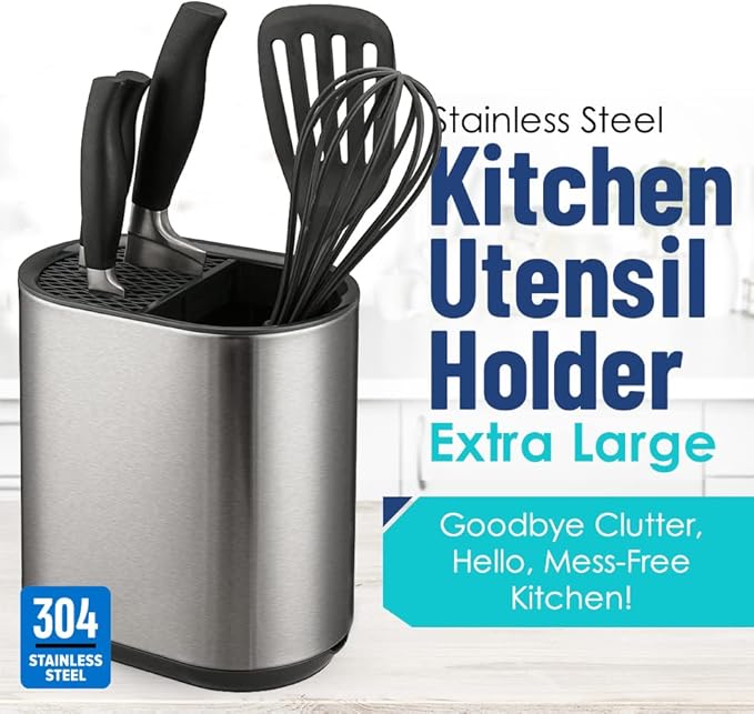 Extra Large 304 Stainless Steel Kitchen Utensil & Knife Holder - Multifunctional Countertop Organizer