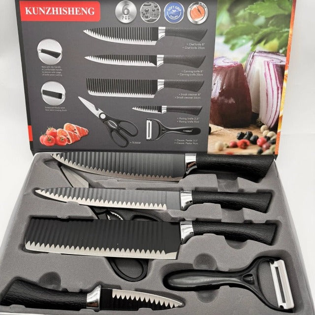 KUNZHISHENG 6-Piece Kitchen Knife Set - Stainless Steel Non-Stick Blades with Ergonomic Soft-Grip Handles