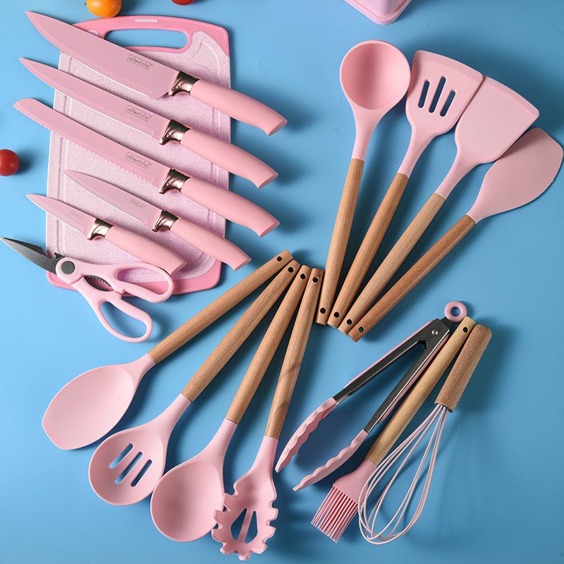 Olympia 19-Piece Pink Kitchenware Set - Complete Knife, Utensil & Cutting Board Holder Collection