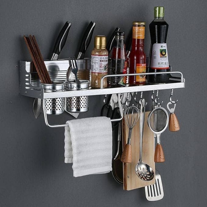 Multifunctional Kitchen Storage Stand with Jar & Knife Holder - Aluminum Wall-Mounted Organizer Rack