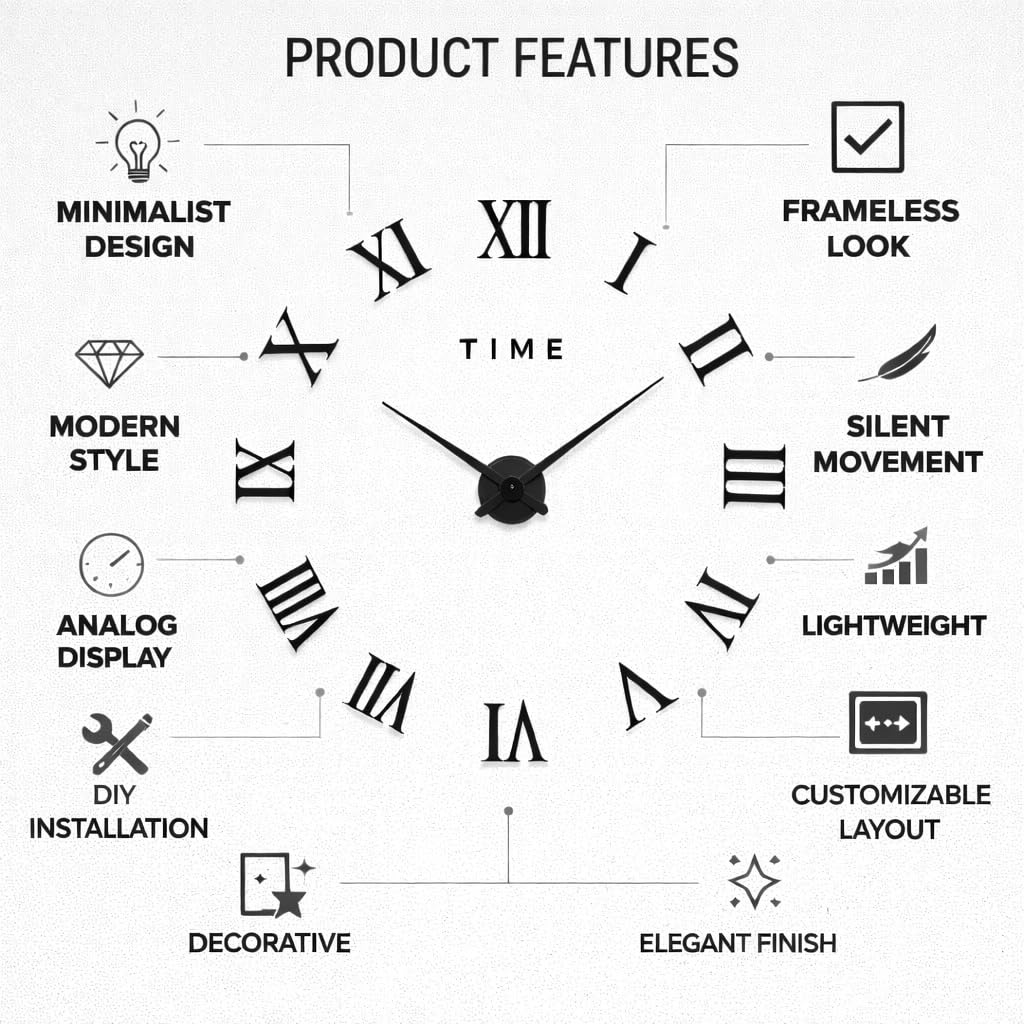 3D Roman Numeral Wall Clock – Frameless DIY Wall Decor