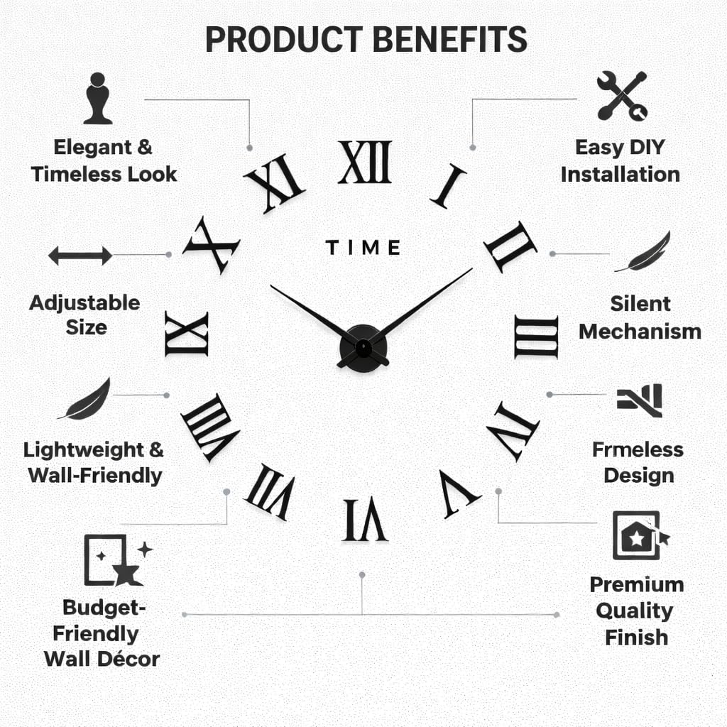 3D Roman Numeral Wall Clock – Frameless DIY Wall Decor