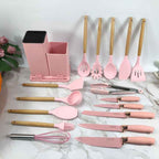 Olympia 19-Piece Pink Kitchenware Set - Complete Knife, Utensil & Cutting Board Holder Collection