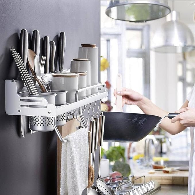 Multifunctional Kitchen Storage Stand with Jar & Knife Holder - Aluminum Wall-Mounted Organizer Rack