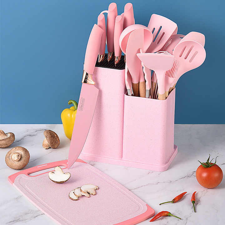 Olympia 19-Piece Pink Kitchenware Set - Complete Knife, Utensil & Cutting Board Holder Collection
