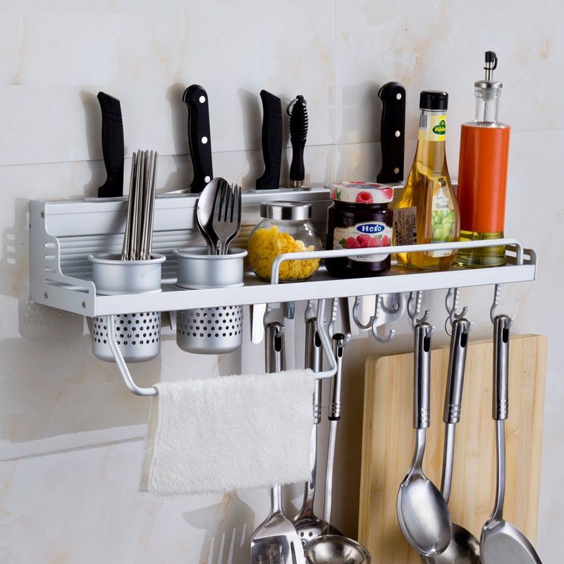 Multifunctional Kitchen Storage Stand with Jar & Knife Holder - Aluminum Wall-Mounted Organizer Rack