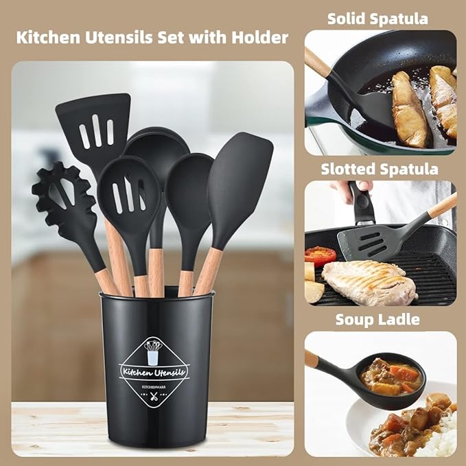 12-Piece Silicone Kitchen Utensils Set - Heat-Resistant Non-Stick Cooking Tools with Holder