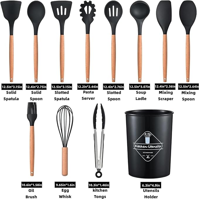 12-Piece Silicone Kitchen Utensils Set - Heat-Resistant Non-Stick Cooking Tools with Holder