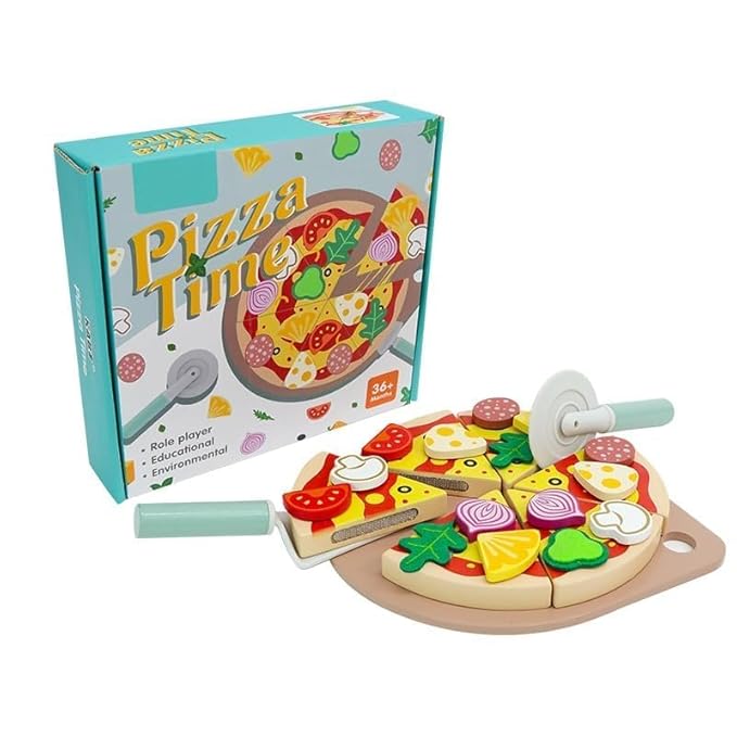KABU Pizza Time Wooden Pretend Play Pizza Toy Set - 20 Pcs Magic Sticker Kitchen Food Toy for Kids
