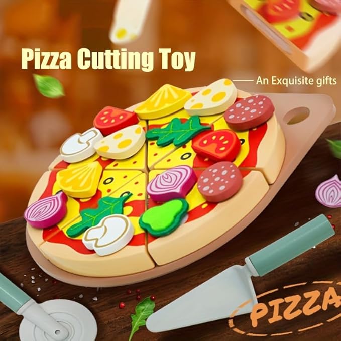 KABU Pizza Time Wooden Pretend Play Pizza Toy Set - 20 Pcs Magic Sticker Kitchen Food Toy for Kids