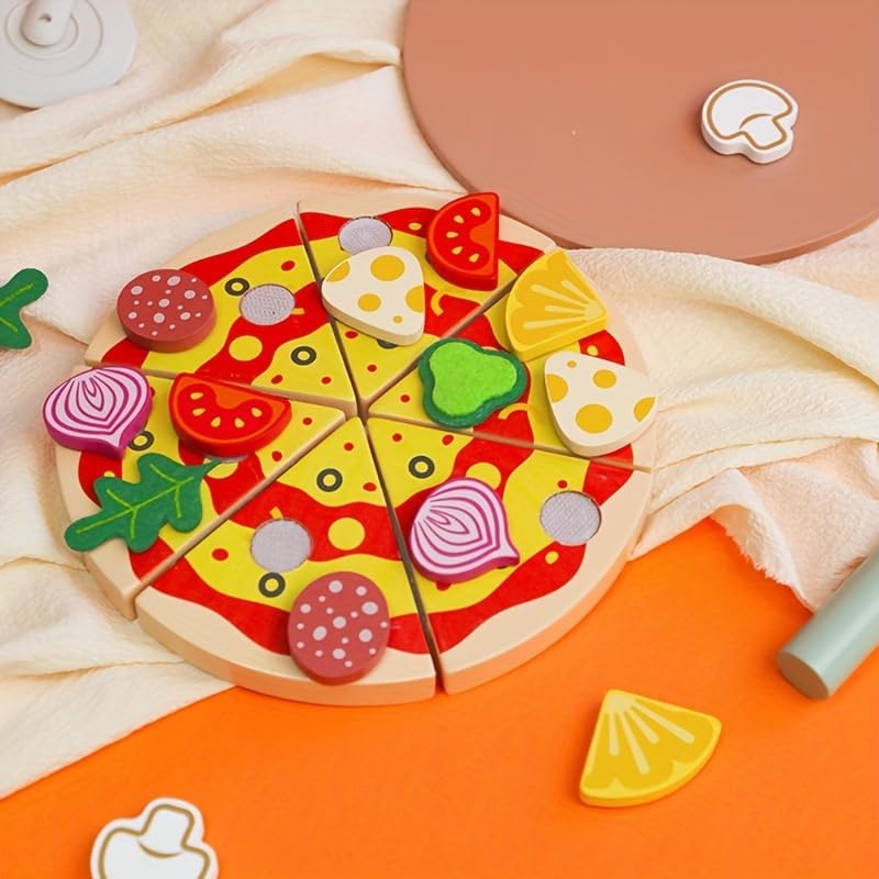 KABU Pizza Time Wooden Pretend Play Pizza Toy Set - 20 Pcs Magic Sticker Kitchen Food Toy for Kids
