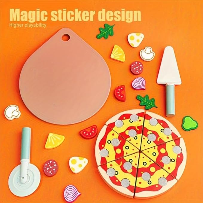 KABU Pizza Time Wooden Pretend Play Pizza Toy Set - 20 Pcs Magic Sticker Kitchen Food Toy for Kids