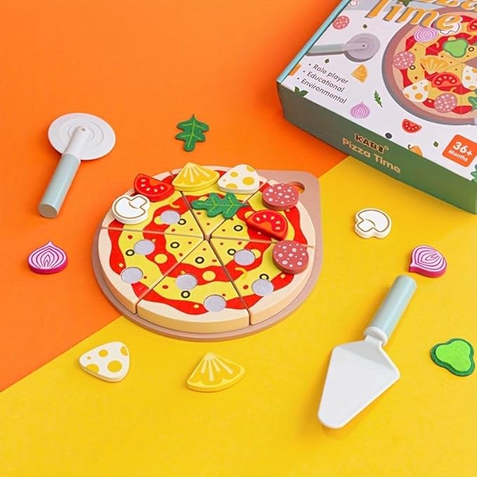 KABU Pizza Time Wooden Pretend Play Pizza Toy Set - 20 Pcs Magic Sticker Kitchen Food Toy for Kids
