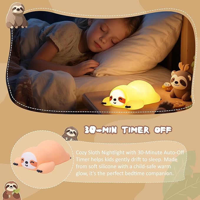 Sloth LED Night Light & Bedside Lamp - Cute USB Powered Portable Nursery & Kids Room Decor (A046)