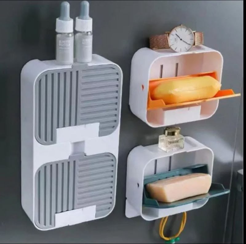 Double-Layer Wall-Mounted Soap Box Holder - Flip Lid Drain Rack with Drainage Tray