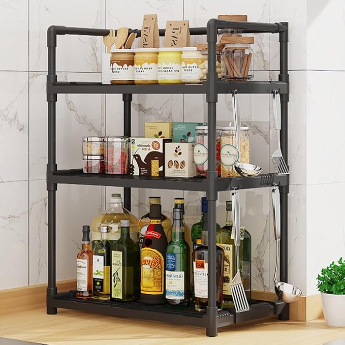 Kitchen Multifunctional Storage Rack - Multi-Layer Space-Saving Spice & Microwave Organizer Stand (Black)