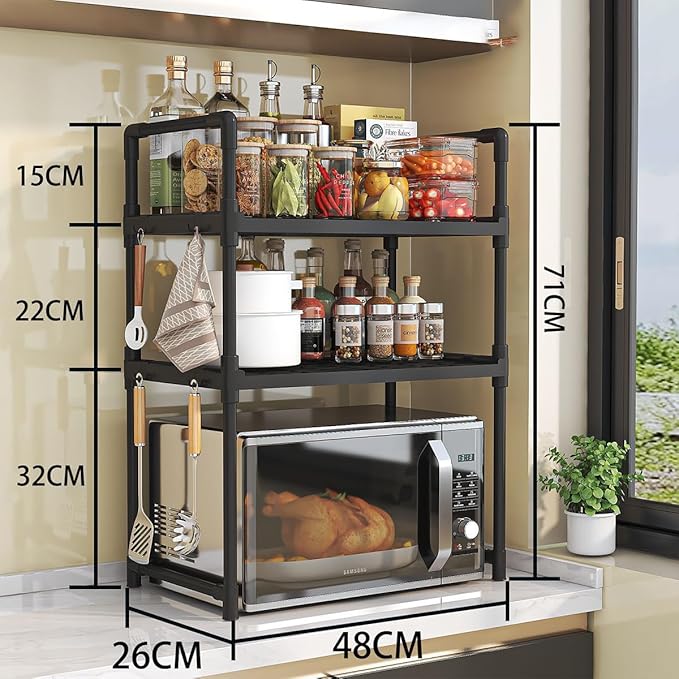 Kitchen Multifunctional Storage Rack - Multi-Layer Space-Saving Spice & Microwave Organizer Stand (Black)
